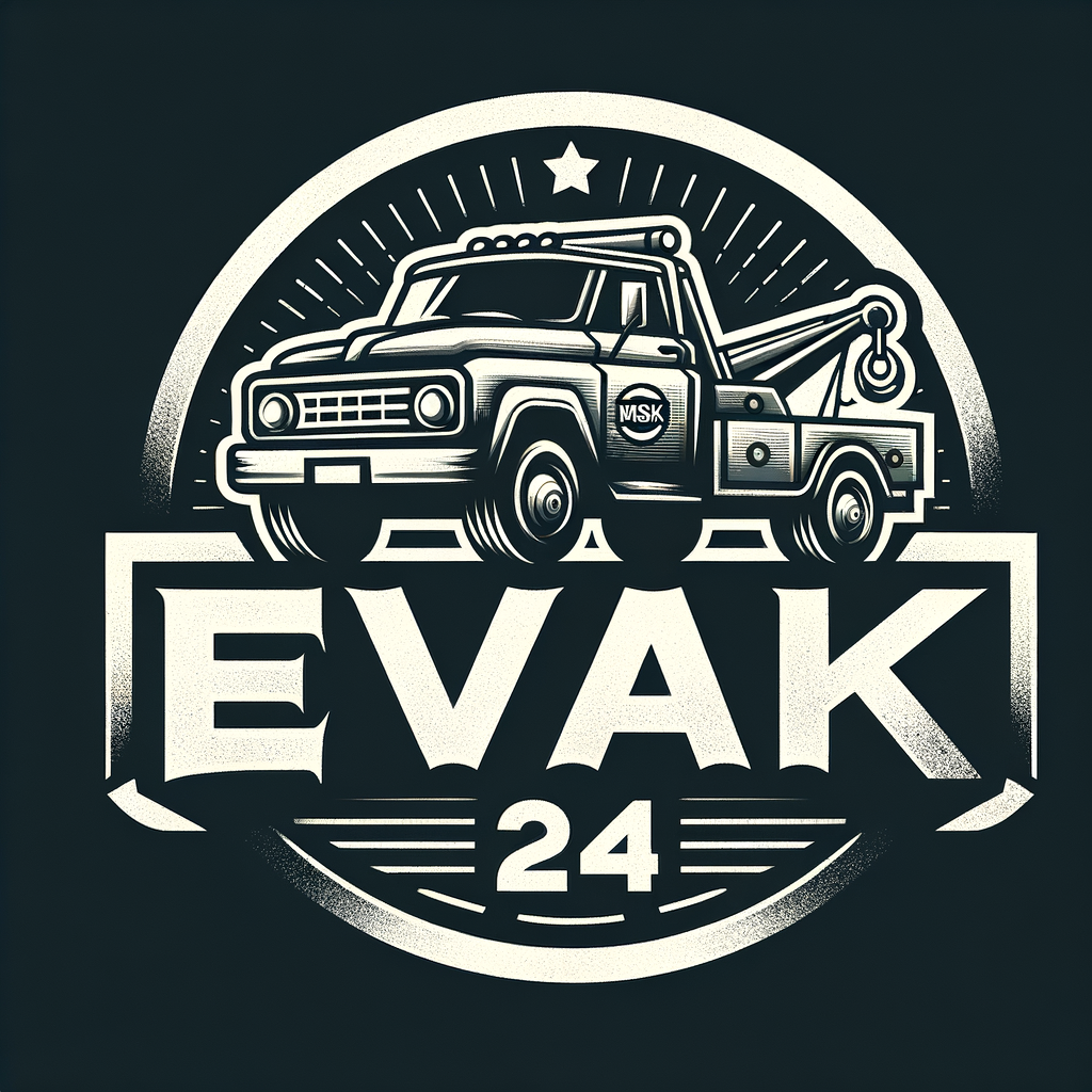 логотип в брутальном стиле службы эвакуации автомобилей с подписью "evak msk 24"
